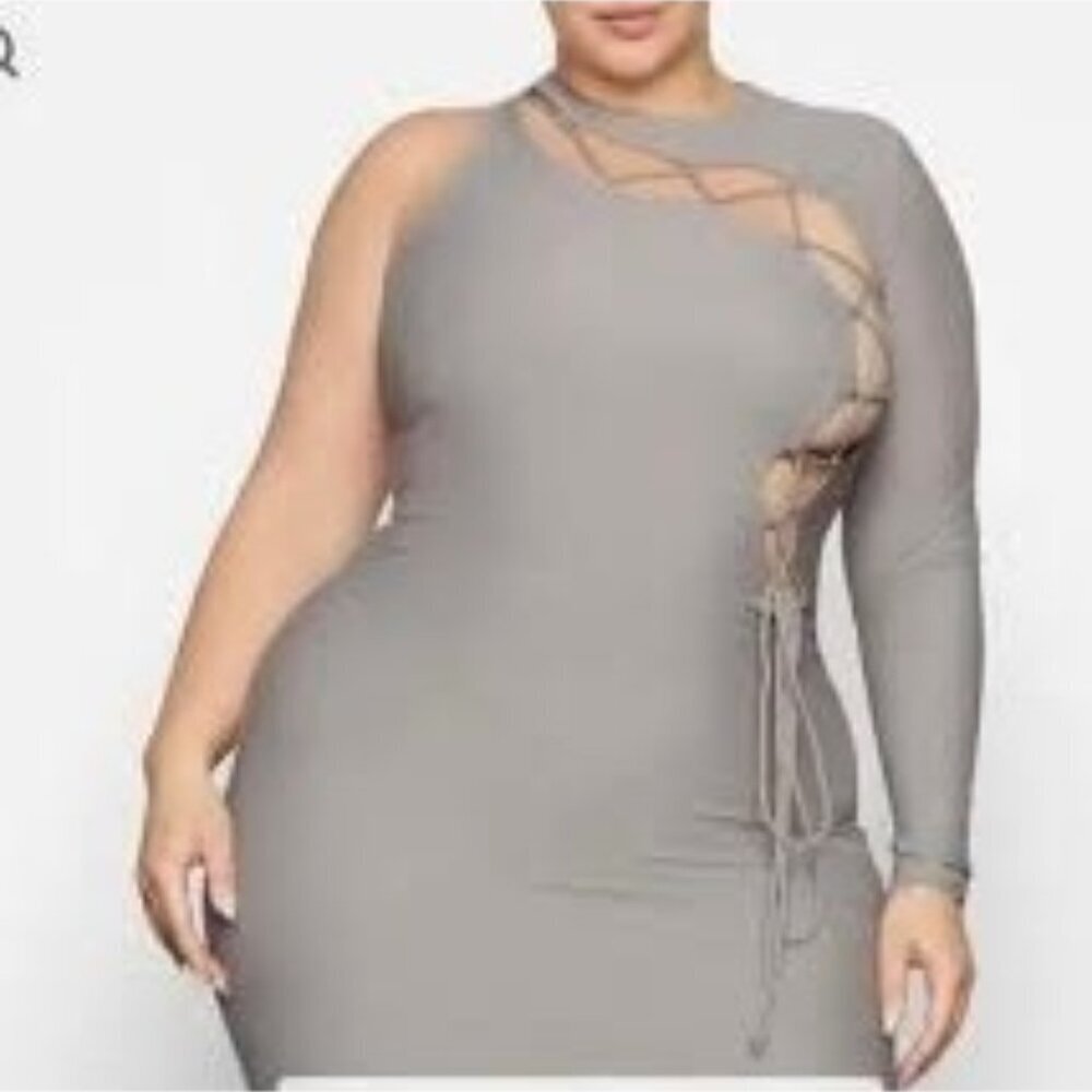 Skims Lace Up Mini Dress‎ Women's Gray Long Sleeve One Sleeve Stretch Plus Sz 3X